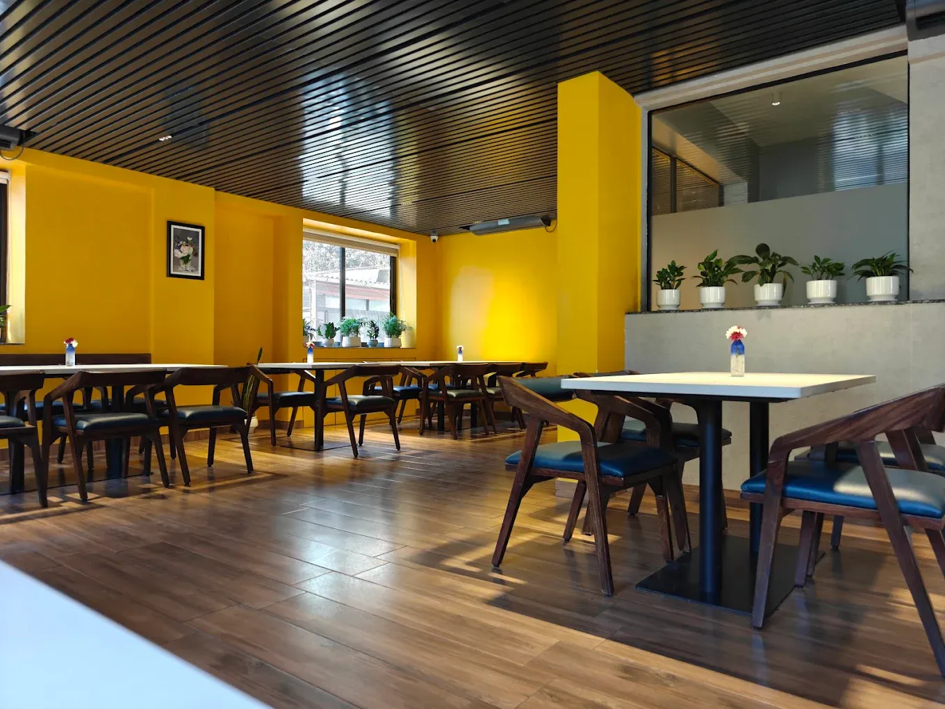A bright yellow dine-in floor at the new outlet, with wooden tables and blue chairs