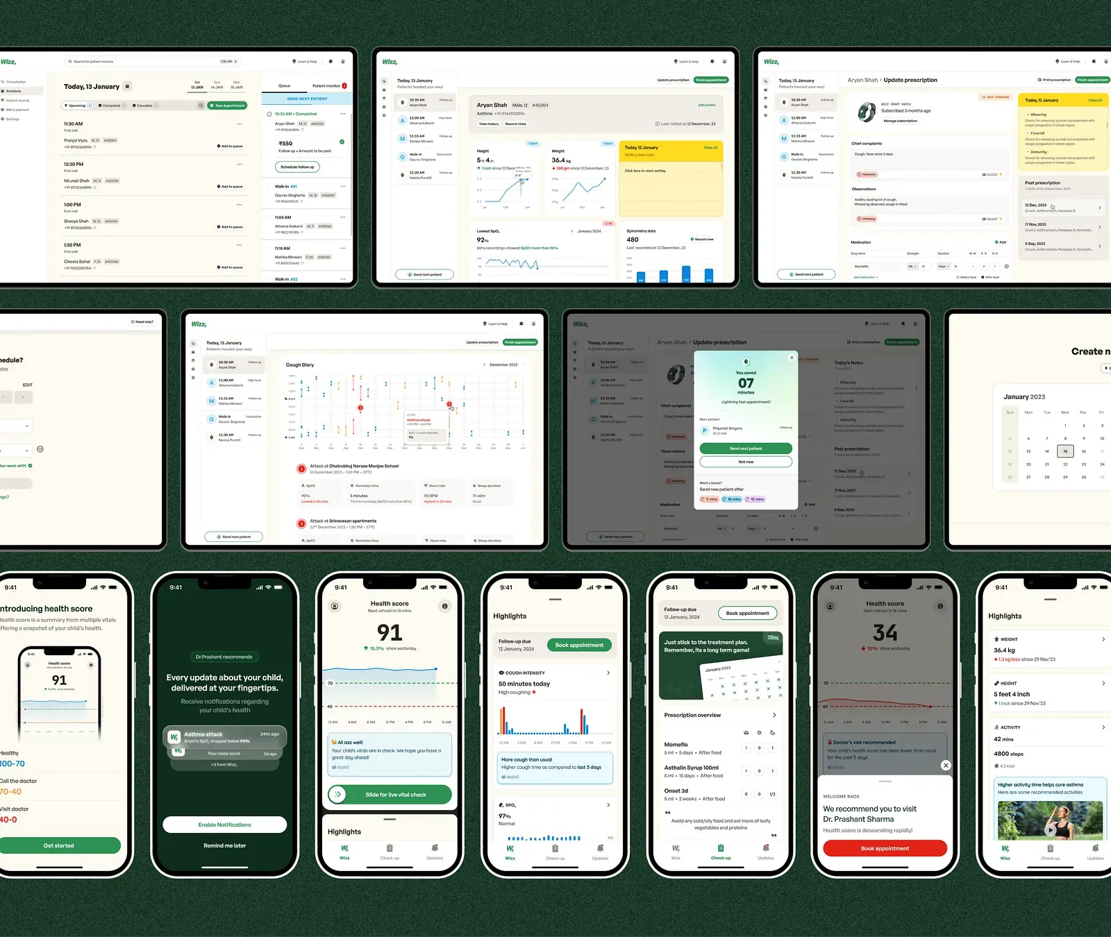Dashboard and phone screens from the Wizz system