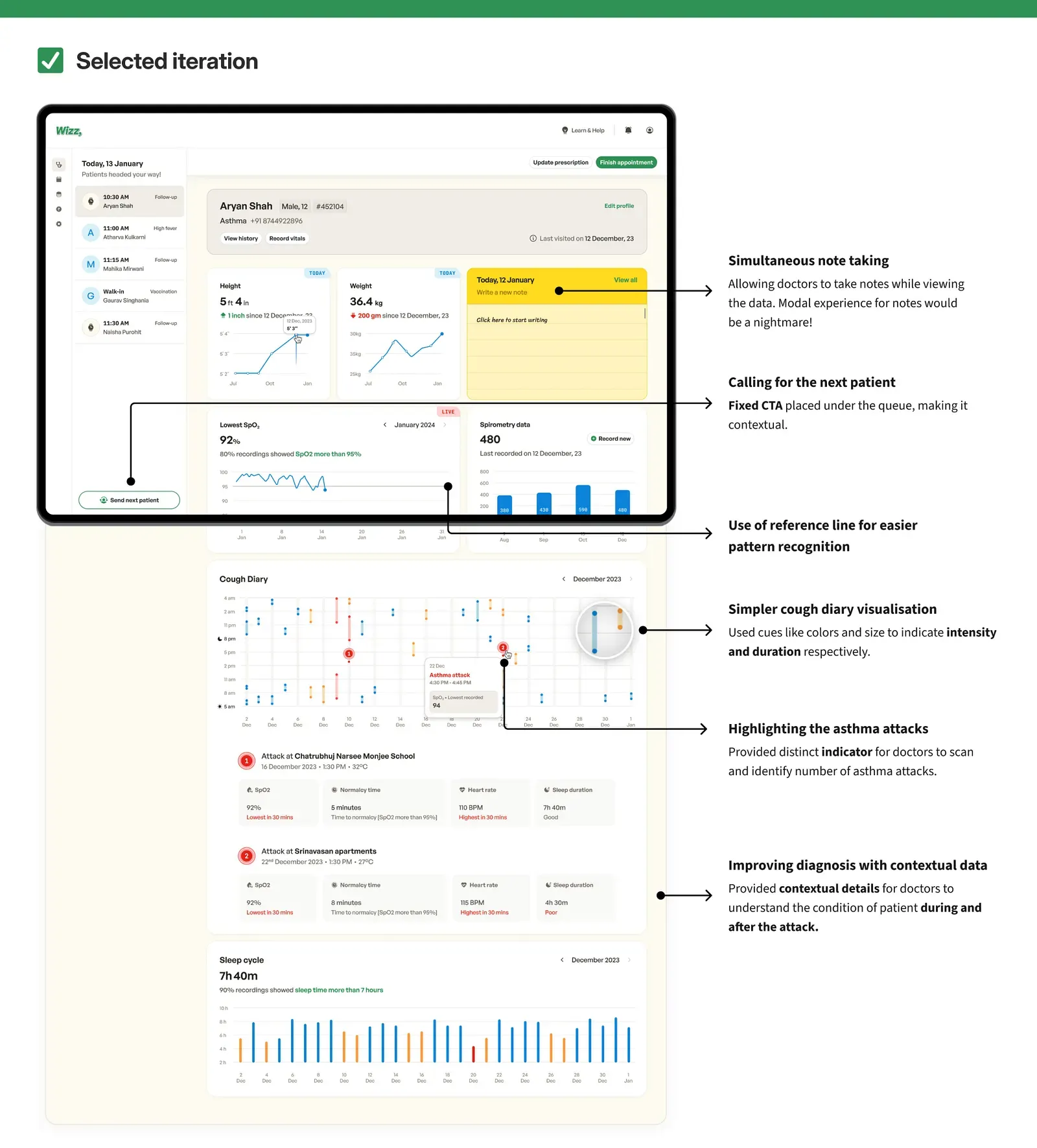 The consultation screen with growth, cough and activity data arranged by priority